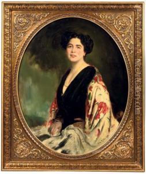 Portrait Of Miss Von Kleinschnitz Wearing A Colourful Shawl Oil Painting - Caspar Ritter