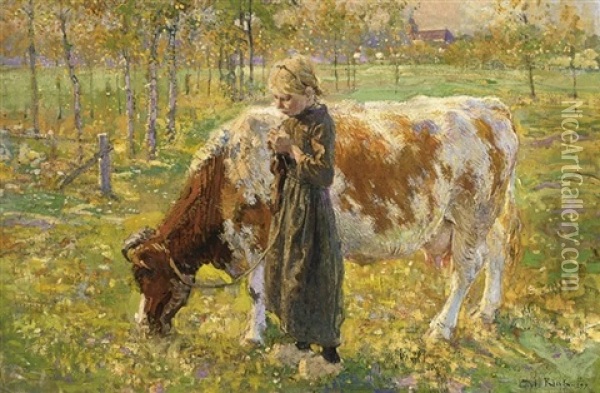 A Little Cowherdess In A Meadow Near Zalk Oil Painting - Paul Rink