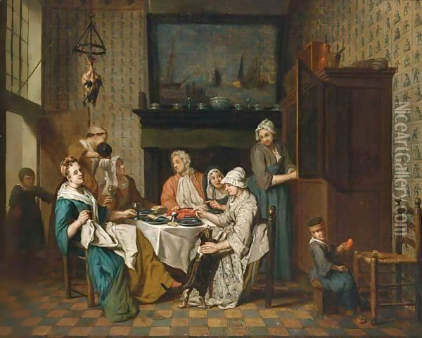 An Interior With An Elegant Company Dining, A Child Playing In The Right Foreground Oil Painting - Jan Jozef, the Younger Horemans