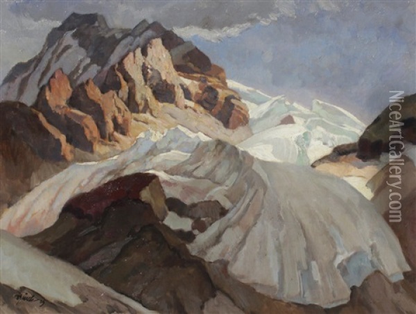 Snowcapped Mountain Peaks Oil Painting - Paul Buerck