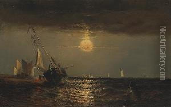 An Evening Seascape With Men Warming Themselves By A Fire Next To A Beached Vessel Oil Painting - Elisha (Taylor) Baker