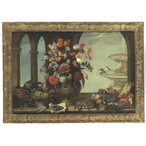 Still Life Of Flowers In A Vase, Artichokes, Lettuce, Pears, Fraises-de-bois And Cherries In A Bowl, Some Sliced Salami, Mushrooms On A Plate, Together With Flowers And Asparagus In A Bowl Oil Painting - Giacomo Recco