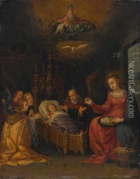 Madonna And Child With God The Father, The Holy Spirit, And Adoring Angels Oil Painting - Pieter Lisaert