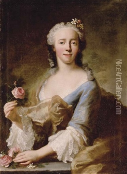 Portrait Of A Lady In A Blue Dress With White Lace Sleeves And Trimming, Holding A Pink Rose In Each Hand Oil Painting - George de Marees