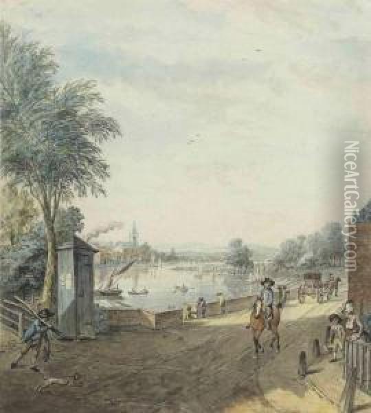 View Of The River Thames From 
The Corner Of Beaufort Street And Cheyne Walk, Chelsea, London Oil Painting - Samuel Hieronymus Grimm