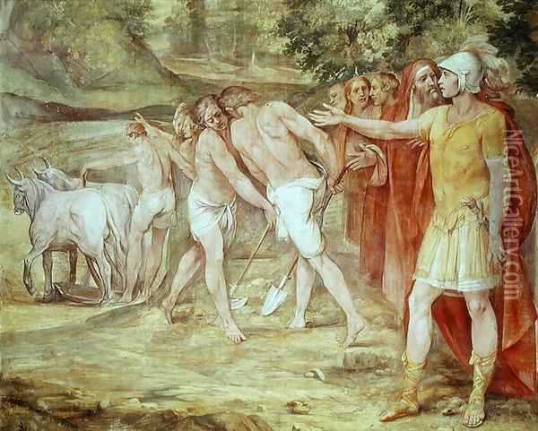 Romulus marking the limits of Rome, from the Sala dei Horatii e Curatii Oil Painting - Giuseppe Cesari