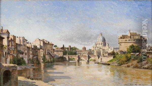 Veduta Del Tevere Con Castel Sant'angelo E La Basilica Di Sanpietro Oil Painting - August Fischer