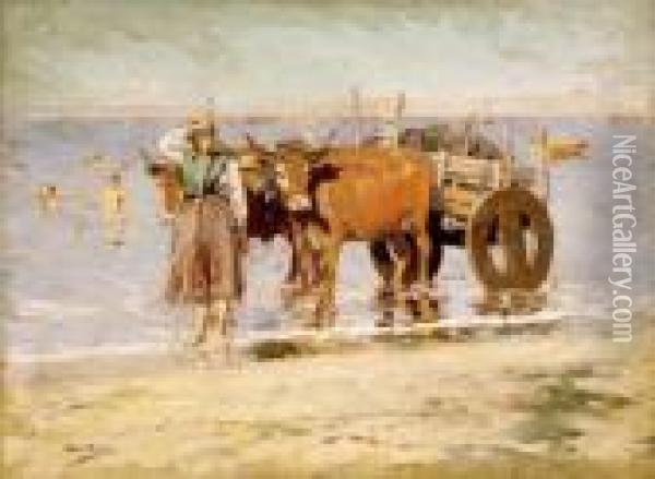 Valenciana Con Carro De Bueyes En La Playa Oil Painting - Alberto Pla y Rubio