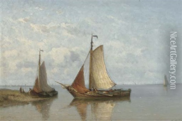 Barges From Zierikzee On A Calm Oil Painting - Johannes Frederick Schuetz