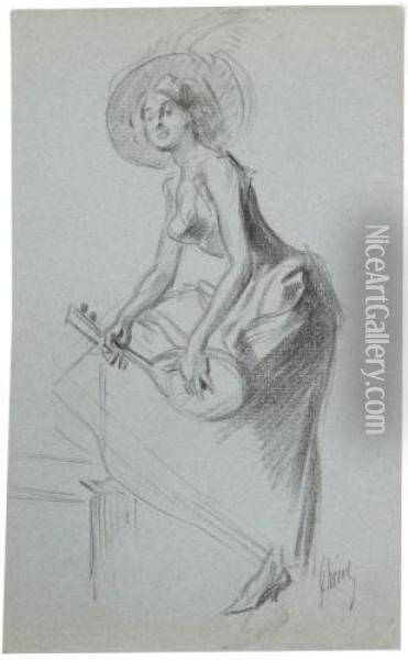 Joueuse De Mandoline, Un Pied Sur Une Chaise Oil Painting - Jules Cheret