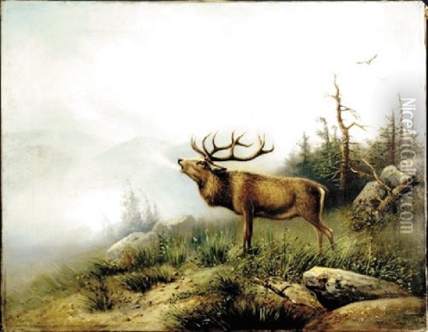 Elk In Landscape Oil Painting - Hermann Herzog