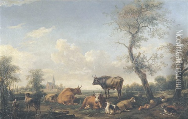 Weite Landschaft Mir Rastender Kuhherde, Ziegen Und Schlafendem Hirten Oil Painting - Johann Melchior Roos