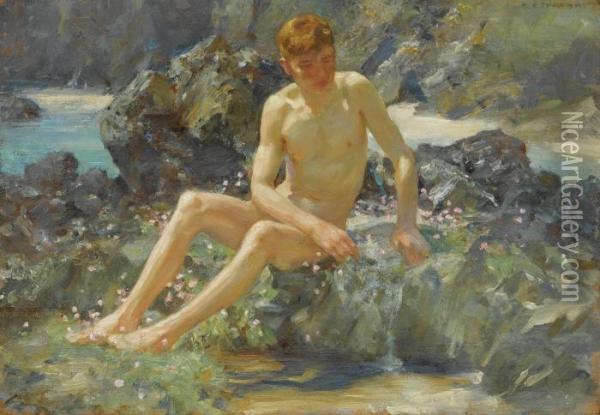 Nude On The Rocks Oil Painting - Henry Scott Tuke