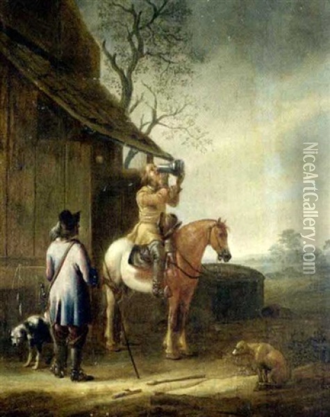 Zwei Rastende Reiter Mit Hunden Vor Einem Haus Oil Painting - Barend Gael