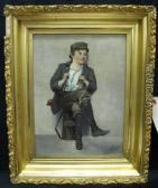 Portrait Of Young Boy Seated On Shoe Oil Painting - John George Brown