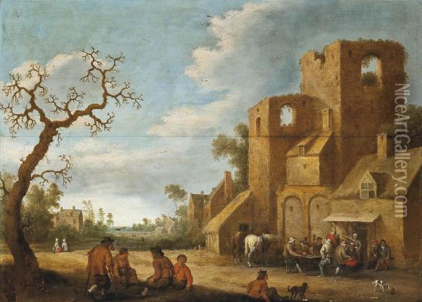 A Rustic Track With Figures Merrymaking Outside An Inn Oil Painting - Joost Cornelisz. Droochsloot