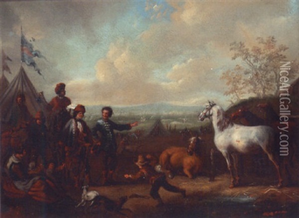 A Military Encampment With Cavalrymen Choosing Horses Oil Painting - Carel van Falens