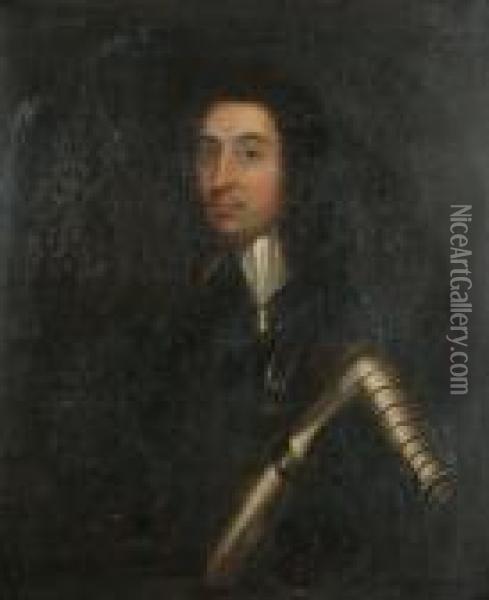 Portrait Of A Gentleman, Said To
 Be Sir Gilbert Ireland, Half-length, Wearing Armour, In A Painted Oval. Oil Painting - Robert Walker