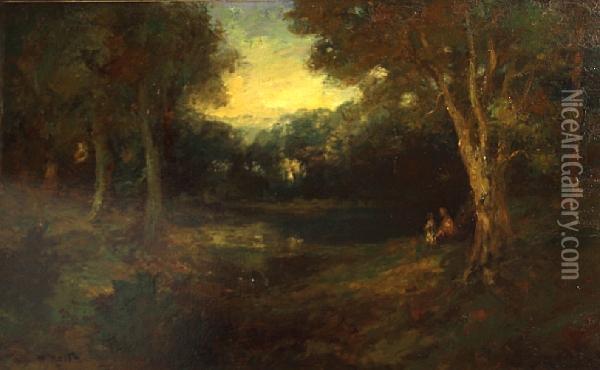 Two Figures By A Pond In A Forest Clearing Oil Painting - William Keith