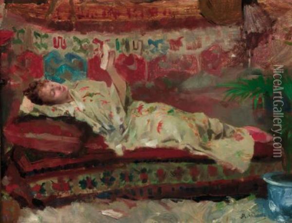 A Reclining Lady In A Kimono Oil Painting - Albert Emile Artigue