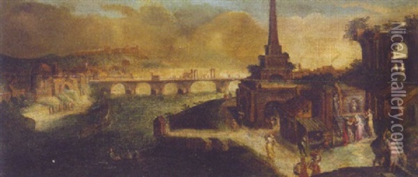 A Capriccio Of A Town By A River, A Bridge Beyond Oil Painting - Karel van Mander the Elder