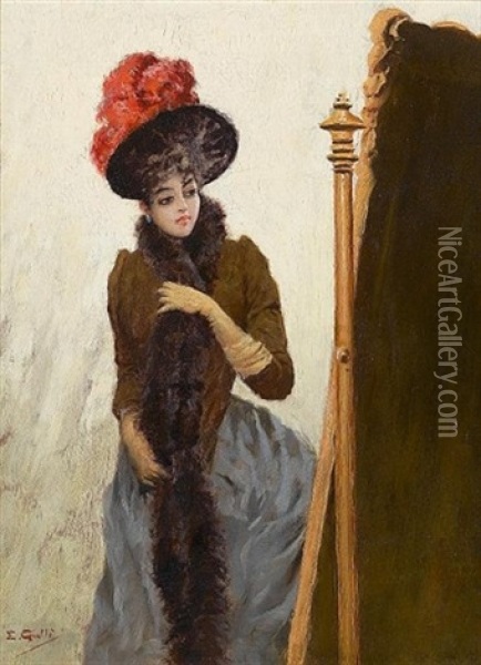 In Front Of The Swing Mirror Oil Painting -  Cristallerie d'Emile Galle