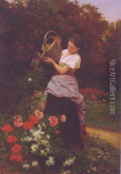 Tending The Garden Oil Painting - Theophile Emmanuel Duverger