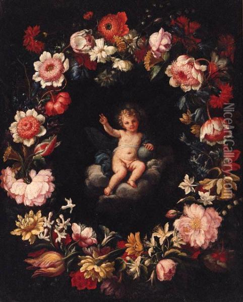 The Infant Christ In A Medallion Surrounded By A Garland Offlowers Oil Painting - Pier Francesco Cittadini Il Milanese