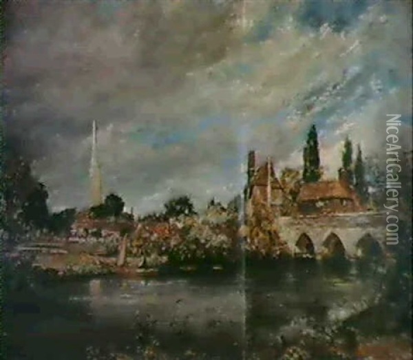 Harnham Bridge Looking Towards Salisbury Cathedral Oil Painting - John Constable