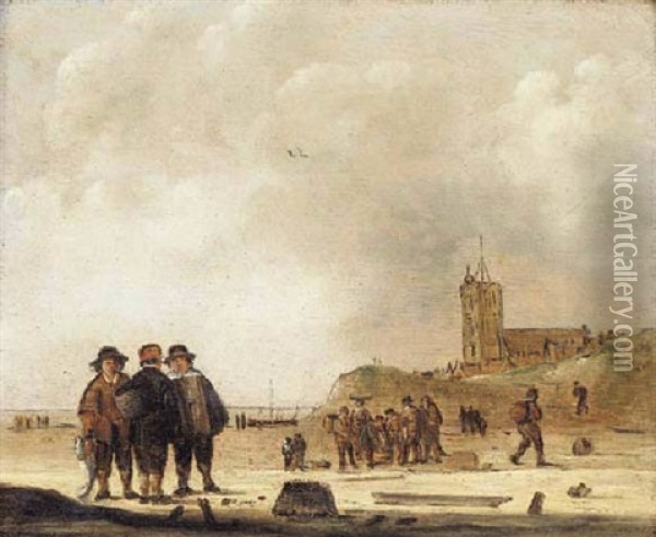 The Beach At Egmond Aan Zee, With Three Fishermen Conversing In The Foreground, A Fishmonger Selling His Catch Beyond Oil Painting - Cornelis Beelt