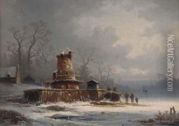 Figures By A Mill On A Frozen Waterway Oil Painting - Colestin Brugner