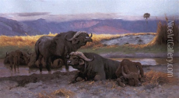 Buffalo Along The Riverbank Oil Painting - Wilhelm Friedrich Kuhnert