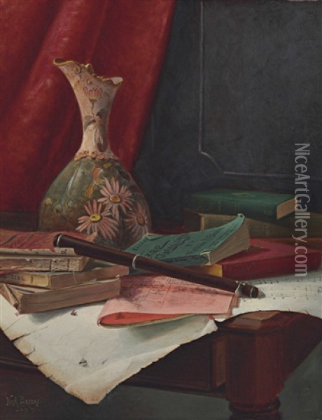 Still Life With Books And Vase Oil Painting - Nicholas Alden Brooks
