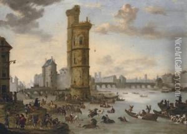 Horsemen Bathing Their Mounts At
 The Tour De Nesle With The Porte De Nesle And The Pont-neuf Beyond, 
Paris Oil Painting - Pieter Wouwermans or Wouwerman