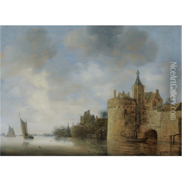 A River Estuary With Two Fishermen In A Rowing Boat Near A Fortified Town, Sailing Vessels Beyond Oil Painting - Wouter Knijff