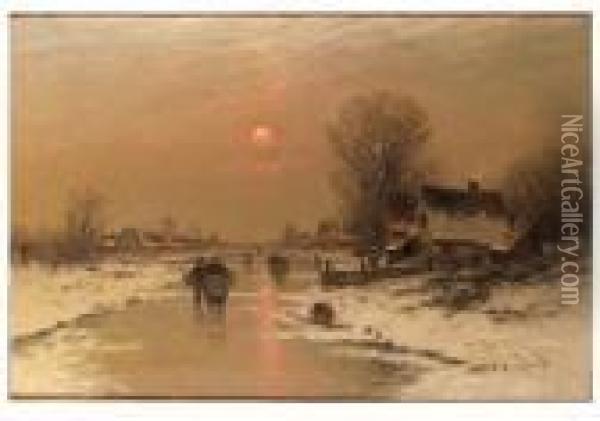 A Moonlit River Landscape In Winter Oil Painting - Johann Jungblutt