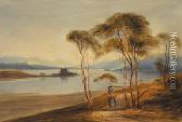 Woman On A Path By A Lake, Castle Beyond Oil Painting - Andrew Nicholl