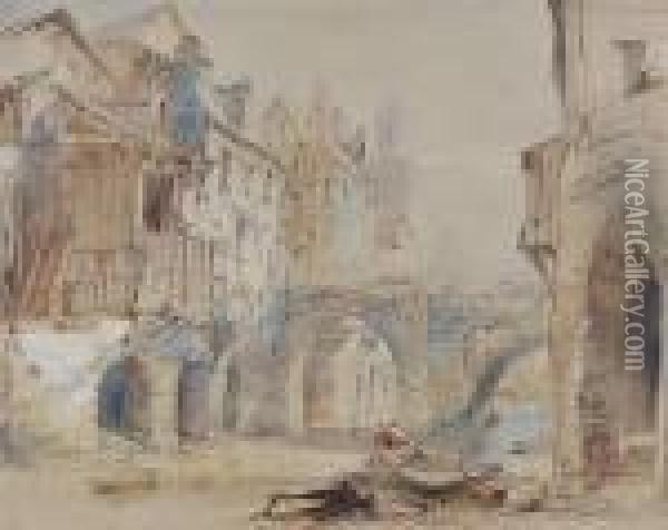 Pont De Gudet, Angers, Pencil And Wash Oil Painting - Edward Alfred Angelo Goodall