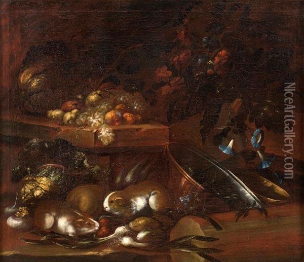 Natura Morta Di Fiori, Frutta E Vettovaglie Con Roditori Oil Painting - Giovanni Agostino Cassana