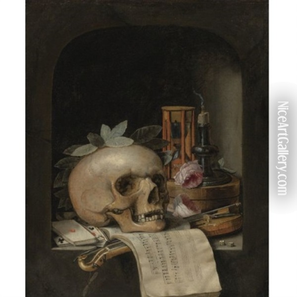 Vanitas Still Life With A Wreathed Skull, A Pochette Violin And Bow, A Deck Of Cards, A Musical Score, A Pair Of Dice, A Box Inscribed Poudre De Civet, Two Roses, An Hourglass And A Snuffed-out Candle In A Stone Niche Oil Painting - Simon Renard De Saint-Andre