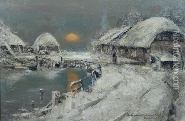 Farm Scene, Winter Oil Painting - William Kennedy