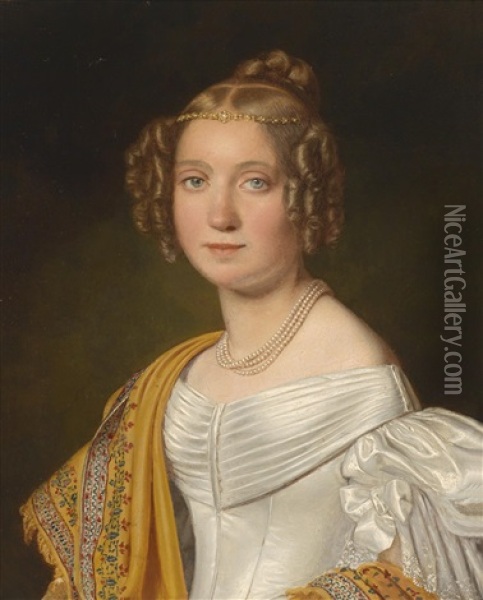 Portrait Einer Jungen Dame In Weisem Kleid Oil Painting - Joseph Bernhardt