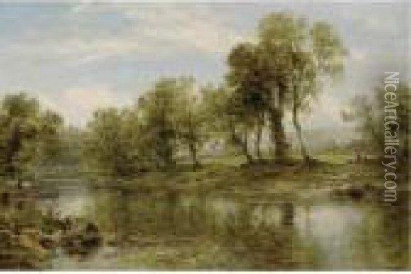 Figures Resting By A Riverbank Oil Painting - Benjamin Williams Leader