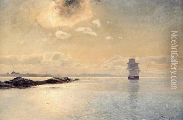 Kustlandskap Med Fartyg I Aftonrodnad Oil Painting - Olof Krumlinde