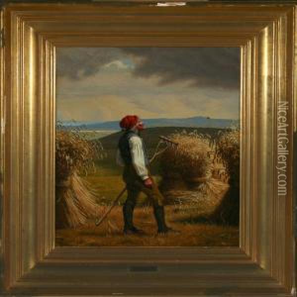 Scenery From Soro With Man In The Field Oil Painting - Christen Dalsgaard