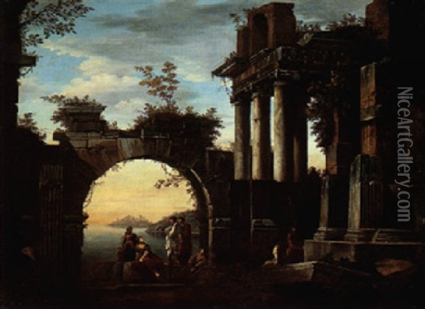 An Architectural Capriccio With Figures Among Classical Ruins, A View Of An Italianate Coastline Beyond Oil Painting - Giovanni Ghisolfi