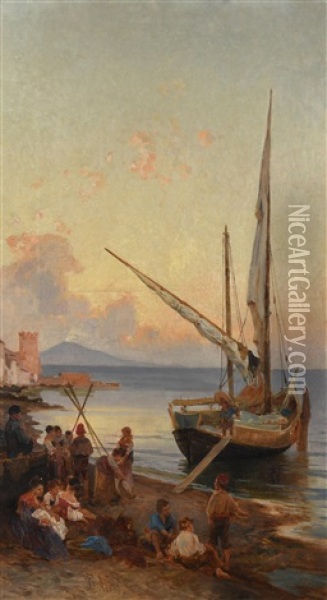 Neapolitanisches Fischervolk Am Strand, Im Hintergrund Der Vesuv Oil Painting - Franz Theodor Aerni