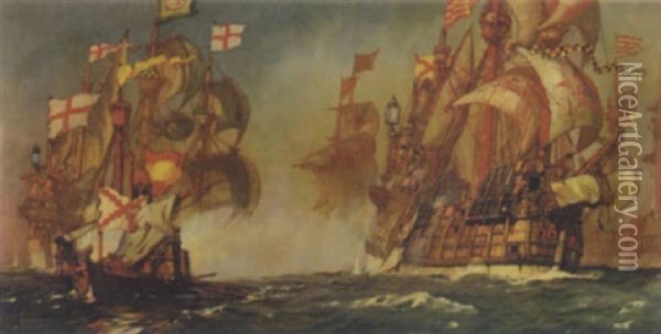 The Spanish Fleet Driven Towards The Flanders Coast After Fighting All Day, Make For The North Sea Oil Painting - Kenneth Shoesmith