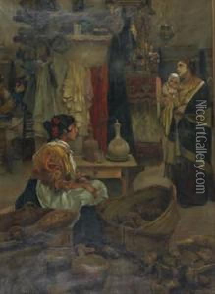 Mother And Child In A Kitchen Interior Oil Painting - Ricardo Brugada y Panizo