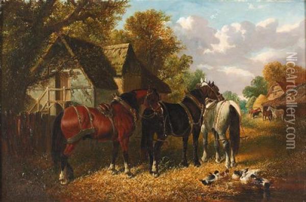 Bauernhof Mit Pferden. Oil Painting - John Frederick Herring Snr